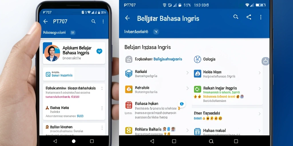 Antarmuka interaktif aplikasi PT707 untuk Belajar Bahasa Inggris.